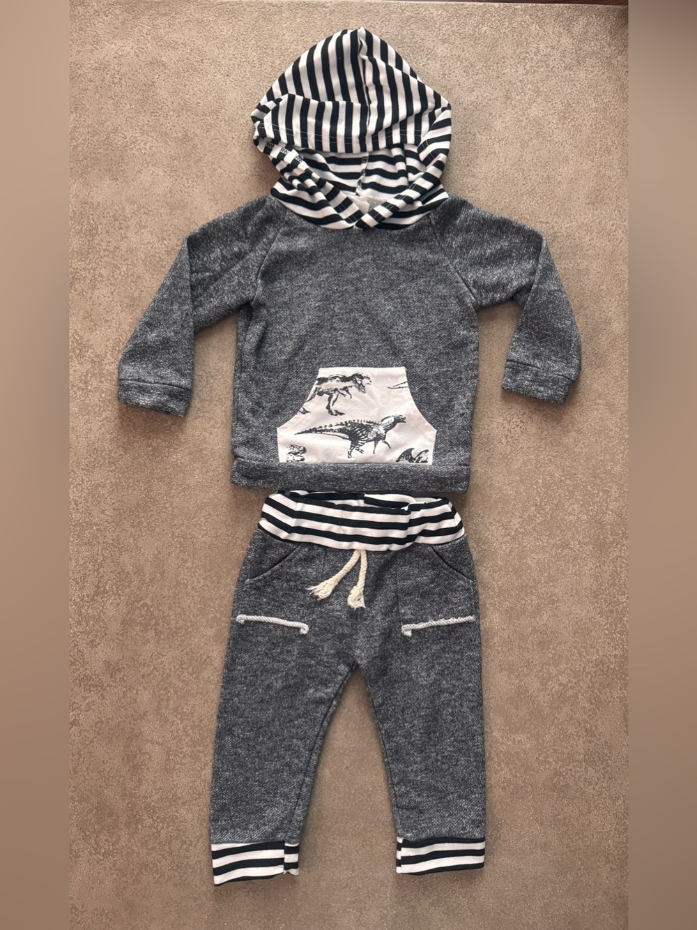 Baby Ball 4T Dinosaur Hoodie Jogger Set Gray Black Striped